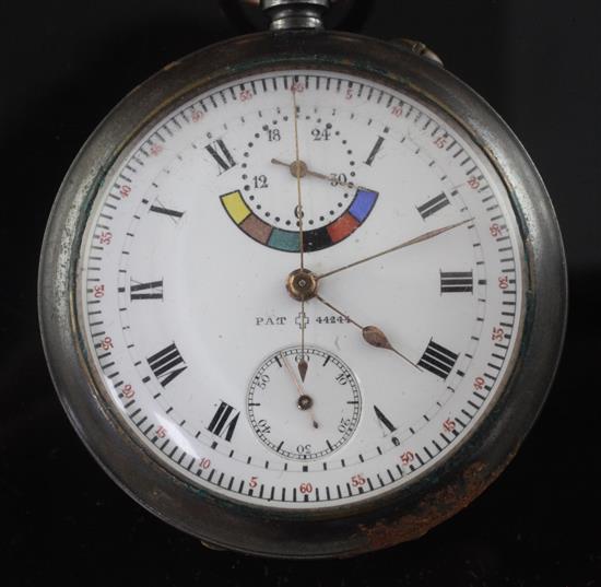 An early 20th French century gun metal Mensor double sided chronograph keyless open face pocket watch,